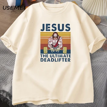 Jesus The Ultimate Deadlifter Gym Working Out Фитнес Винтажная футболка для мужчин, Мужская Хлопковая Летняя Мужская футболка, Одежда